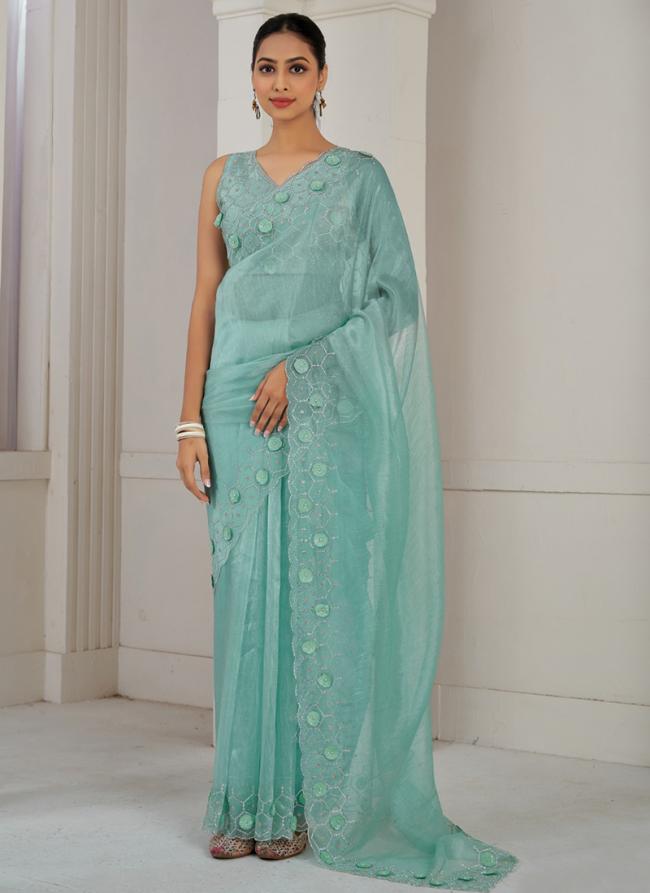 Soft Organza Sea Green Party Wear Hand Work Saree